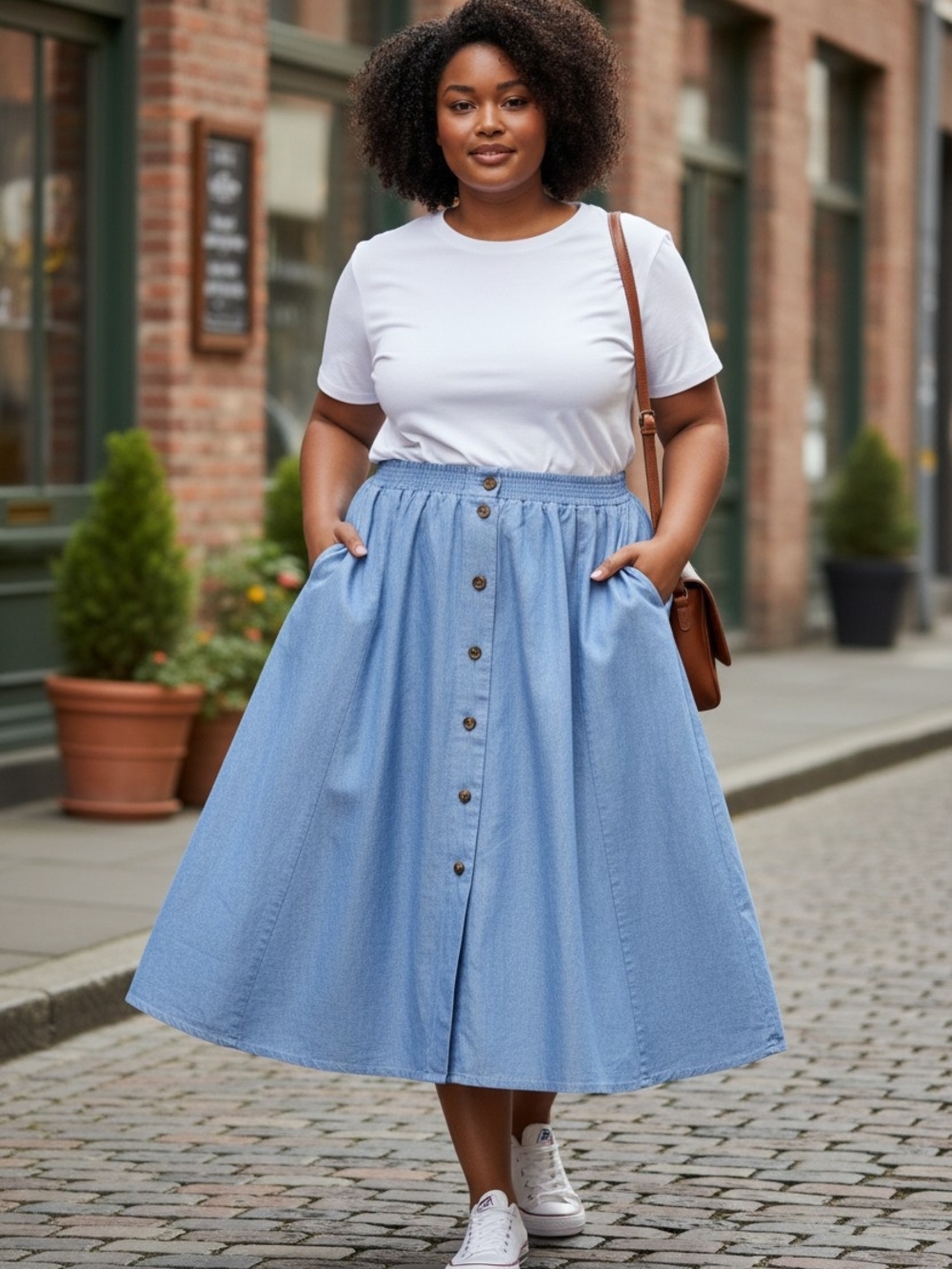 Alia Vintage Blue Cotton Button Front Elastic Waist Midi Skirt Pockets Size 14